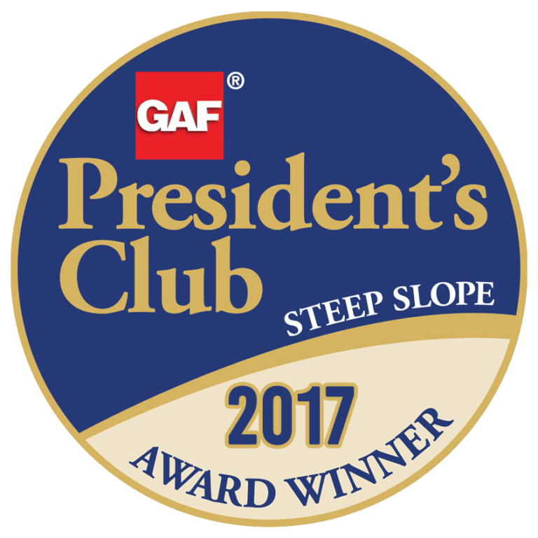 GAF Presidents Club 2017 Steep Slope Award Winner badge – elite GAF certified roofing contractor Orange County California