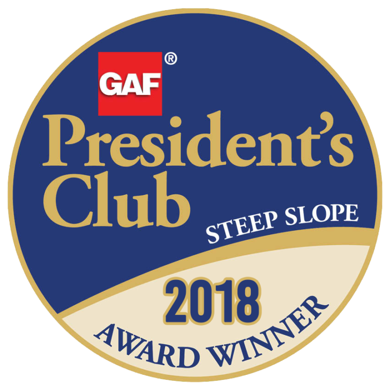 GAF Presidents Club 2018 Steep Slope Award Winner badge – top-rated GAF certified roofing contractor Garden Grove California