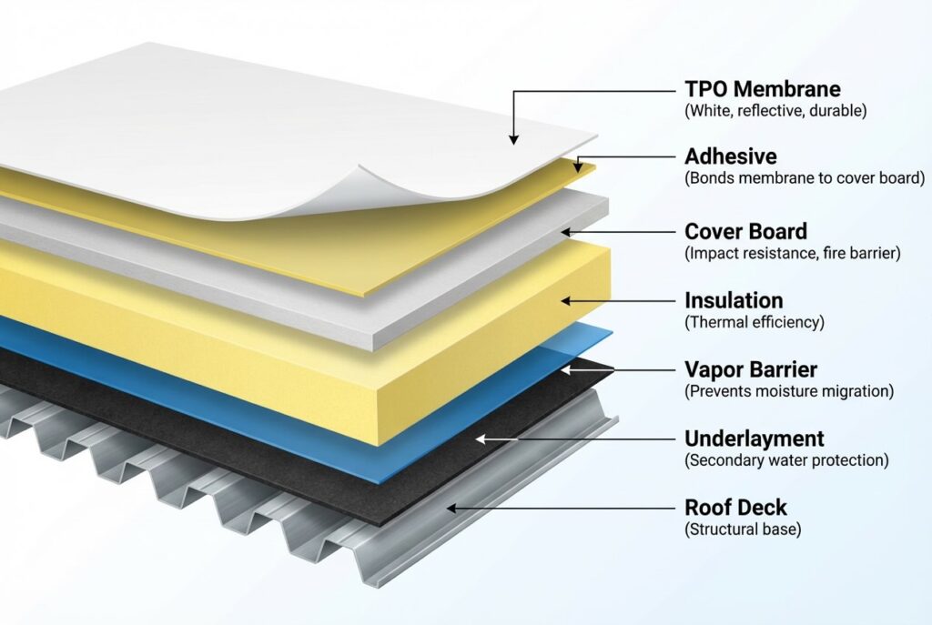 TPO roofing system structure layers including membrane insulation and roof deck