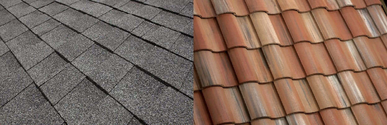 Comparison of asphalt shingle and tile roofing on Orange County homes by Certified Roofing Specialists.